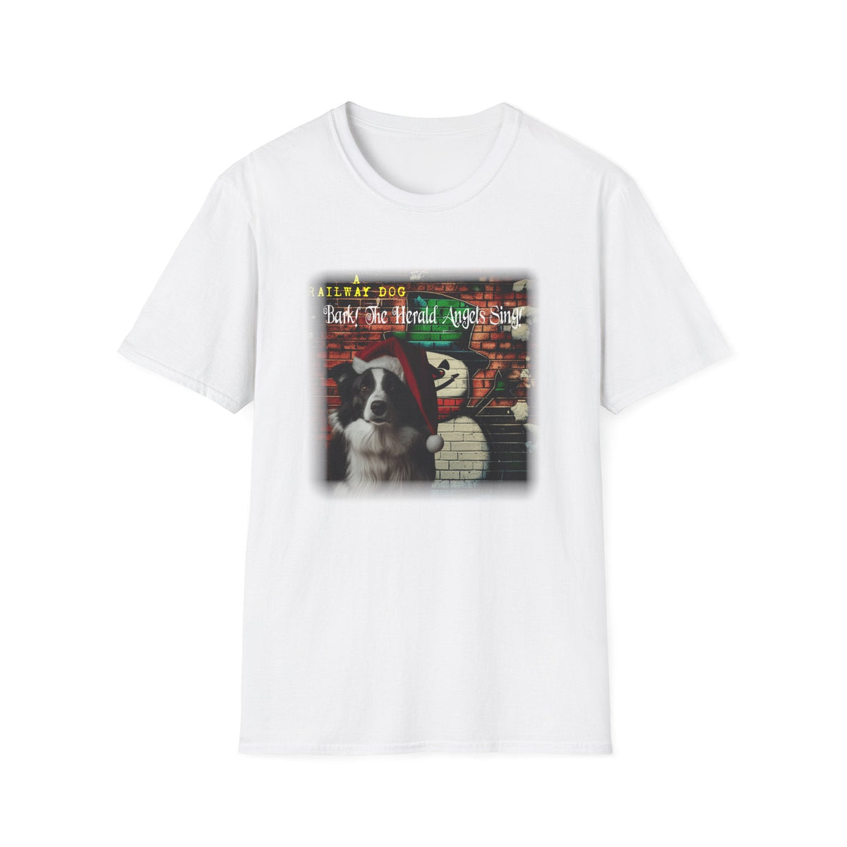 graphic t-shirt featuring a Border Collie in a Santa hat against a snowman brick mural with "Bark! The Herald Angels Sing" text.