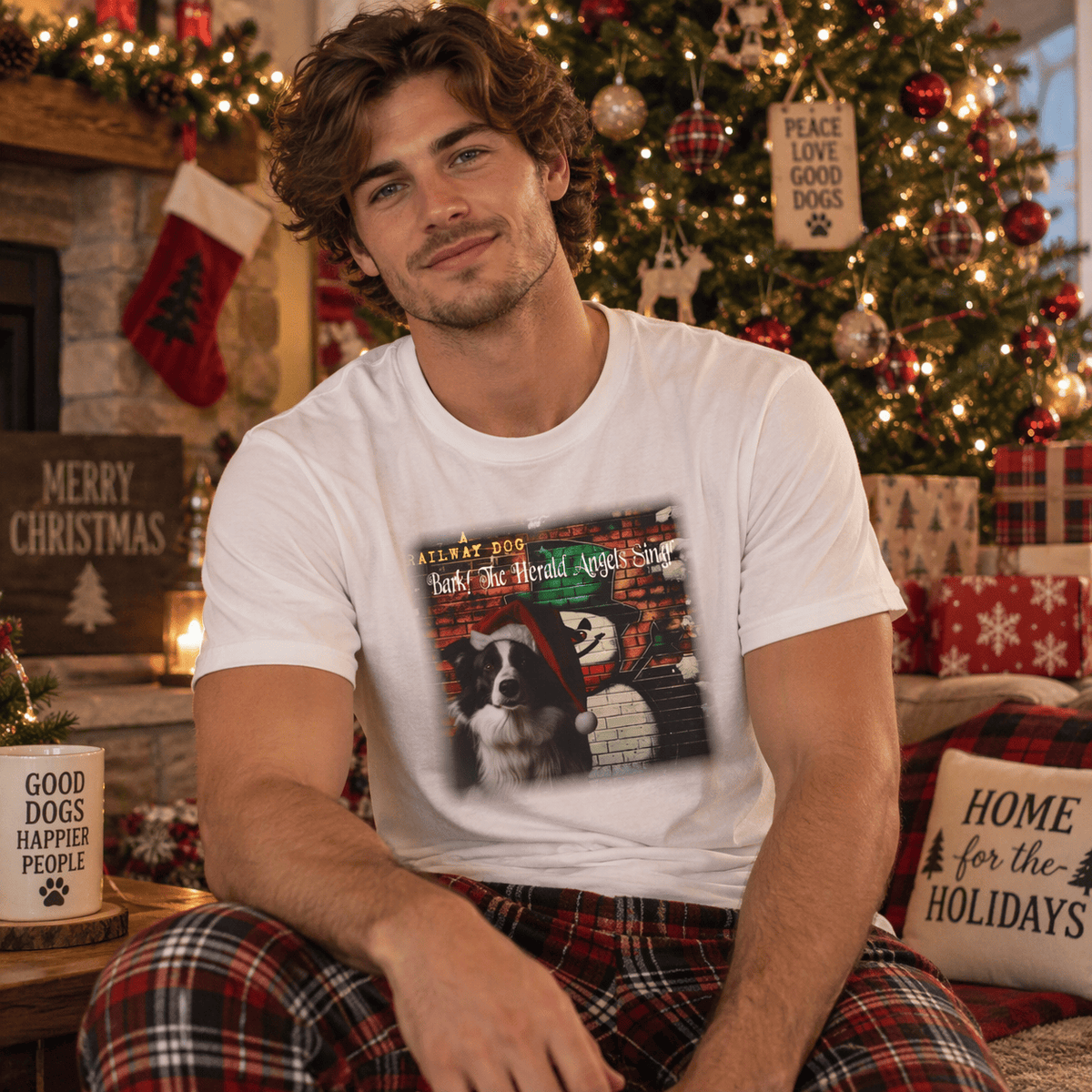 Festive Border Collie Dog Christmas Holiday Graphic Print on Unisex Cotton T-Shirt