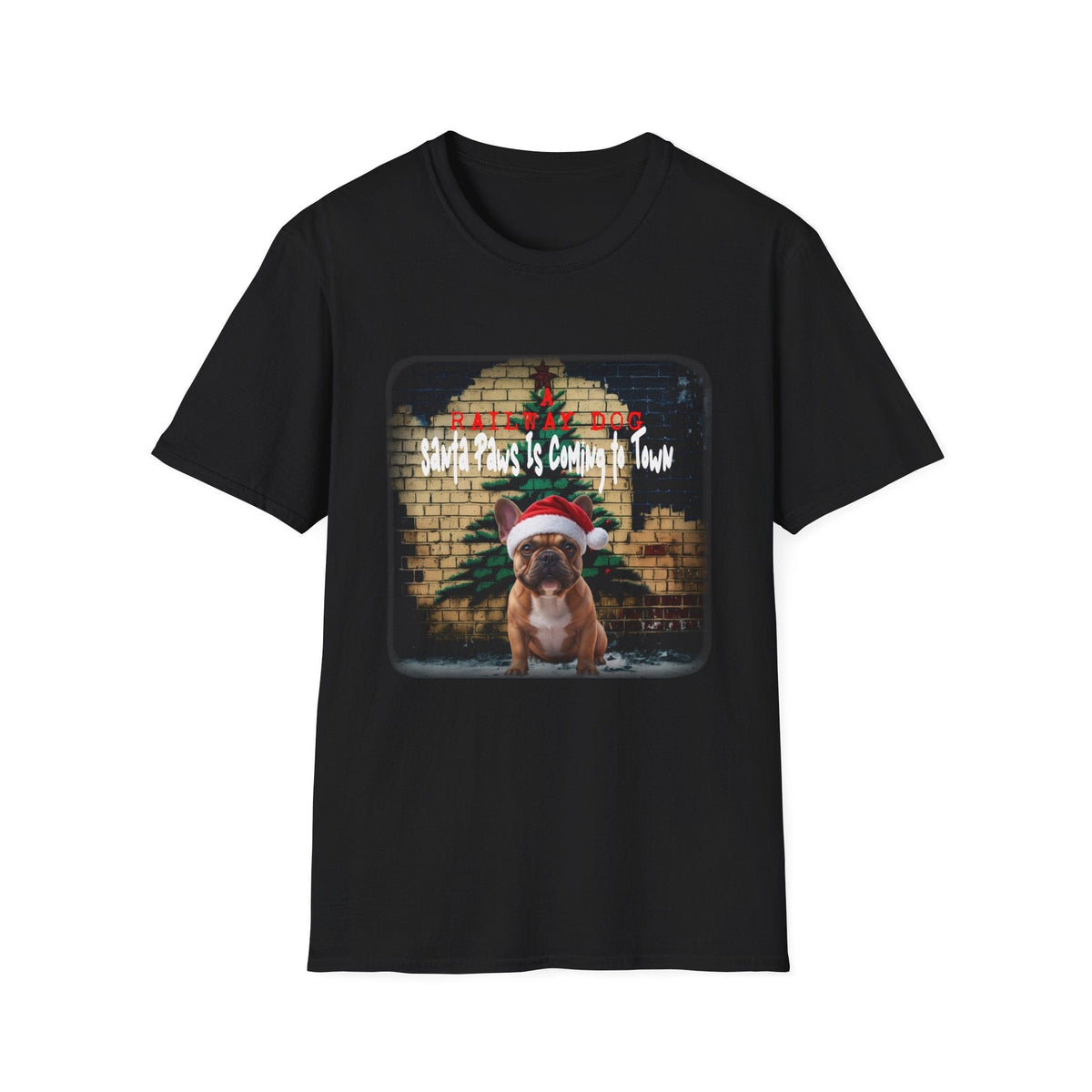 graphic t-shirt featuring a French Bulldog in a Santa hat with brick Christmas tree art and "Santa Paws Is Coming to Town" text.