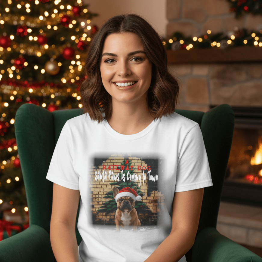 Santa Paws French Bulldog Christmas Holiday Graphic Print on White Cotton Tee