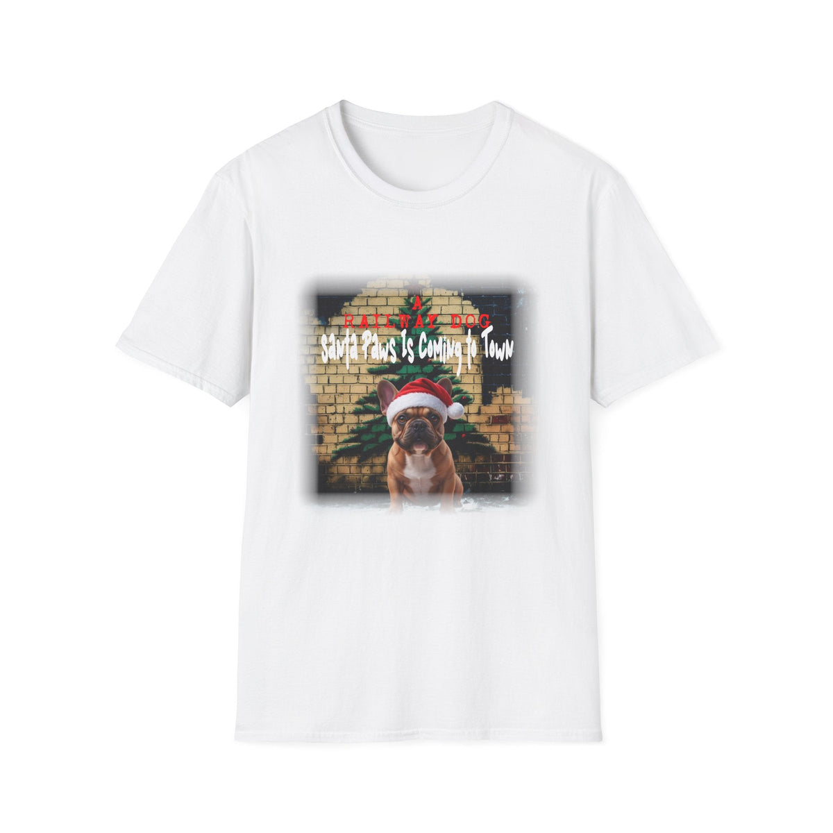 White t-shirt with a graphic of a French Bulldog wearing a Santa hat and text on a white background