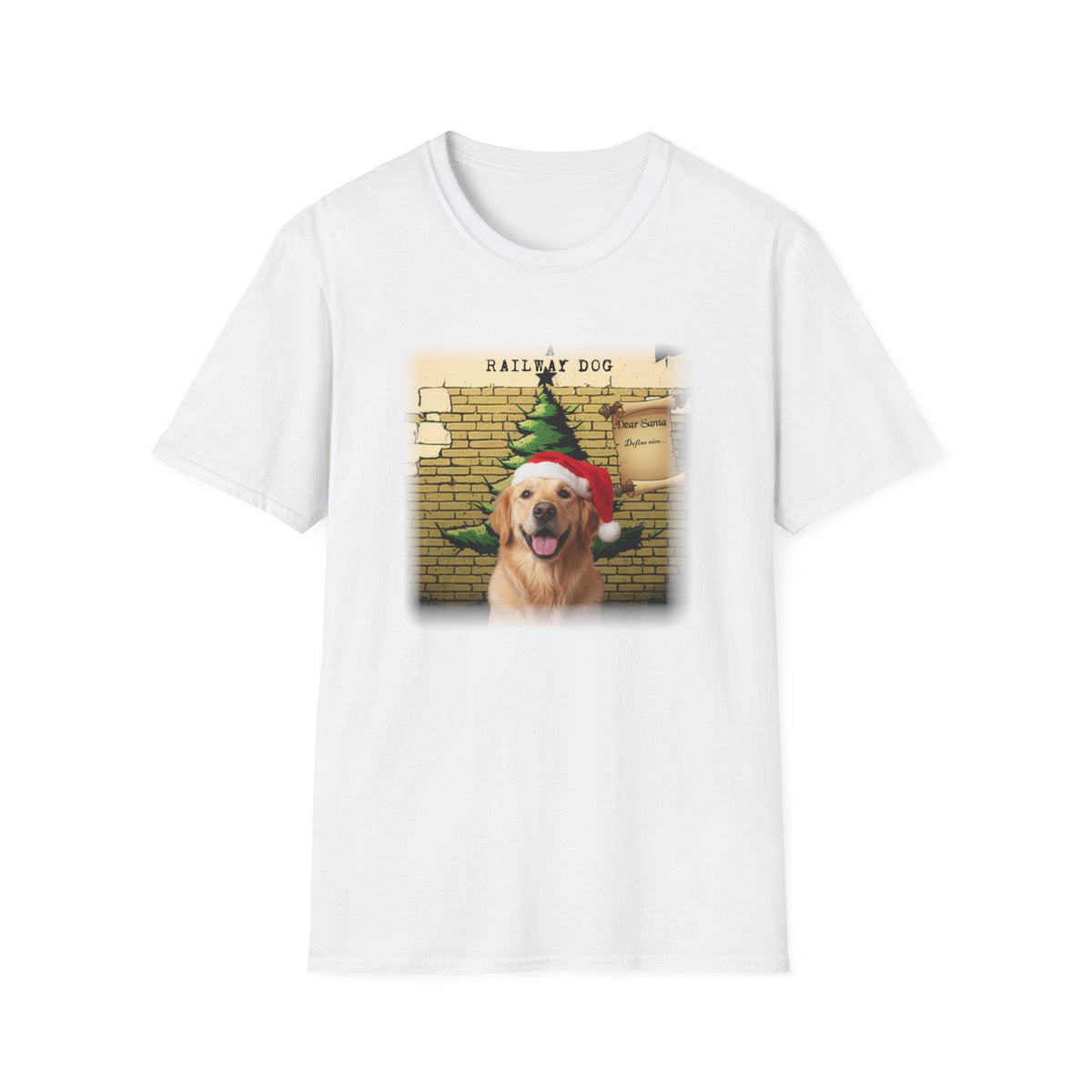 graphic t-shirt featuring a Golden Retriever in a Santa hat in front of a Christmas tree mural with text reading "Dear Santa Define nice..."