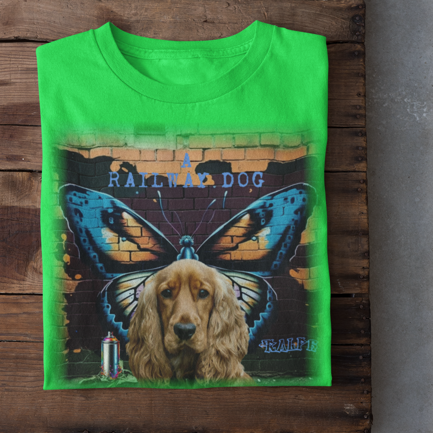 A t-shirt with a graphic design featuring a Cocker Spaniel dog and a butterfly