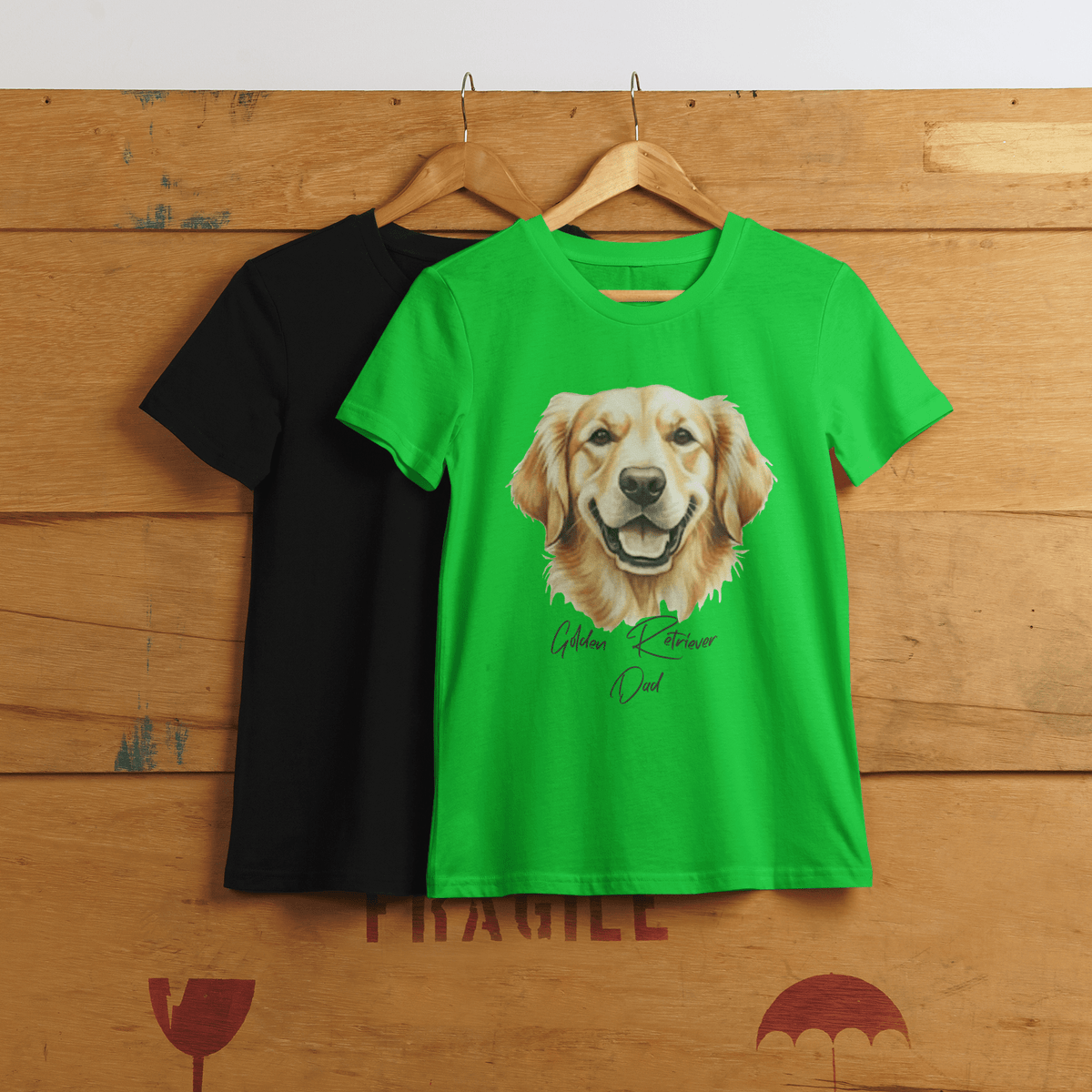 green t-shirts with Golden Retriever illustration on a wooden background