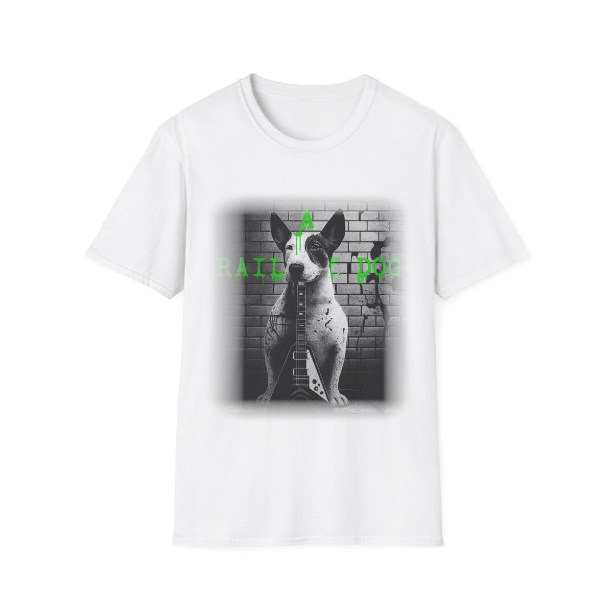 graphic t-shirt featuring a Bull Terrier sitting behind a Flying V guitar with lime green "A Railway Dog" dripping street art text.