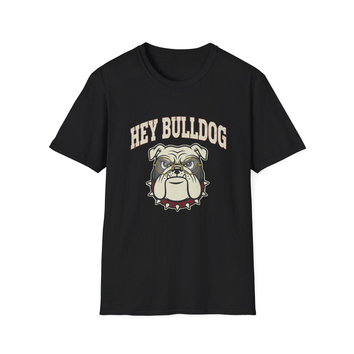 Black graphic t-shirt featuring a cartoon English bulldog wearing round glasses with arched text reading "HEY BULLDOG."