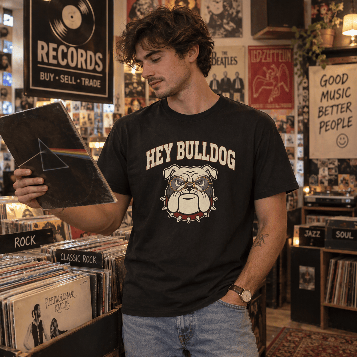 Retro Vintage English Bulldog Music Themed Graphic T-Shirt for Dog Lovers