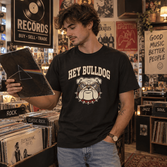 Retro Vintage English Bulldog Music Themed Graphic T-Shirt for Dog Lovers