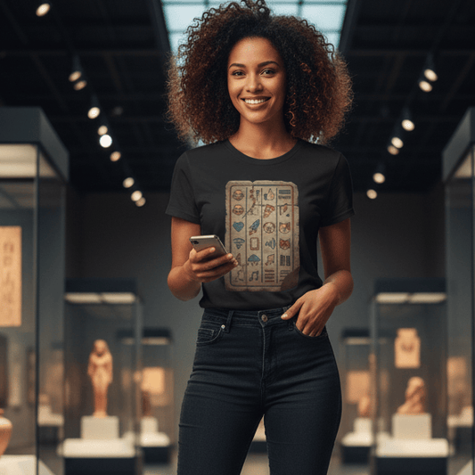 Woman standing in a museum wearing a hieroglyphics/emoji t-shirt, surrounded by exhibits.