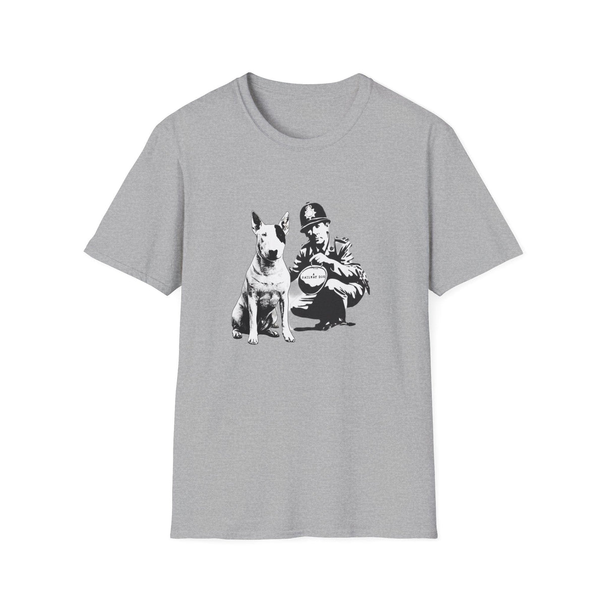 Heather grey graphic t-shirt featuring Banksy-style stencil art of an English Bull Terrier beside a crouching British police officer holding a Railway Dog lantern.
