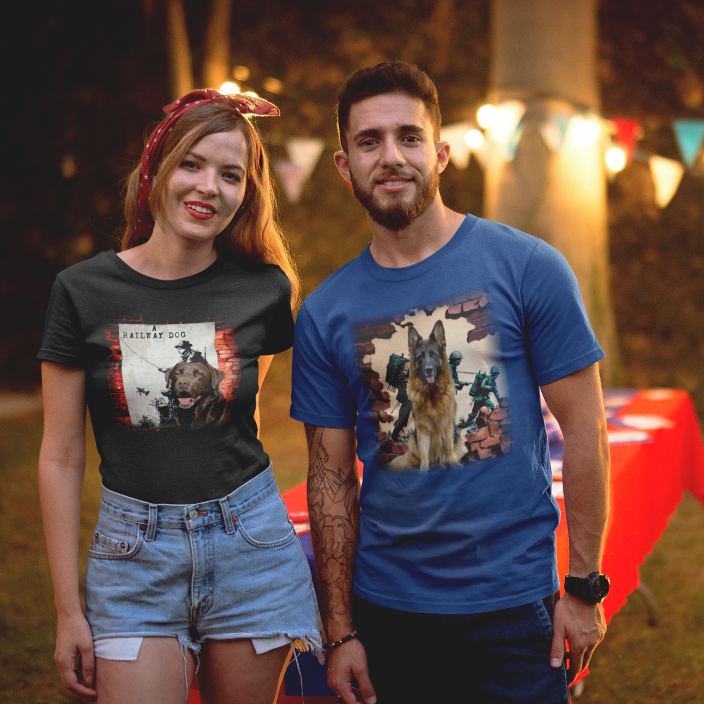 T-shirt with a graphic image of a German Shepherd dog in a military setting.