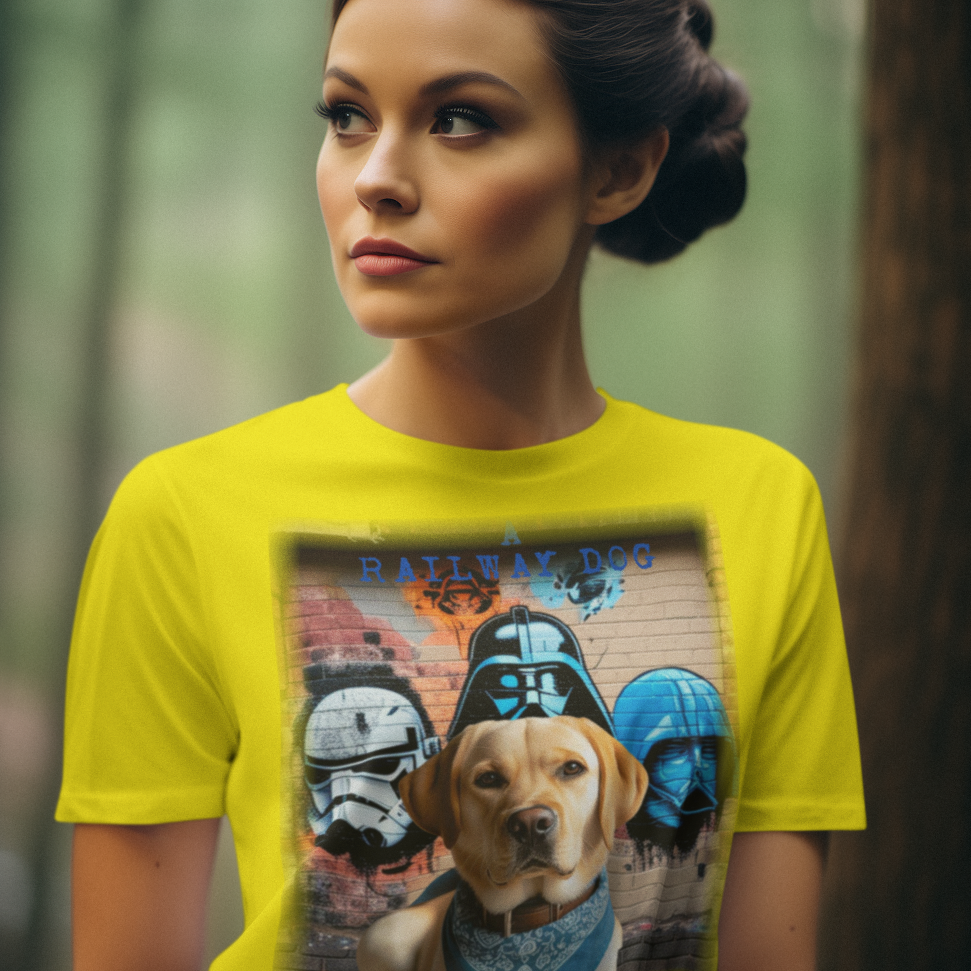 T-shirt featuring a Labrador Retriever dog and a Star Wars theme