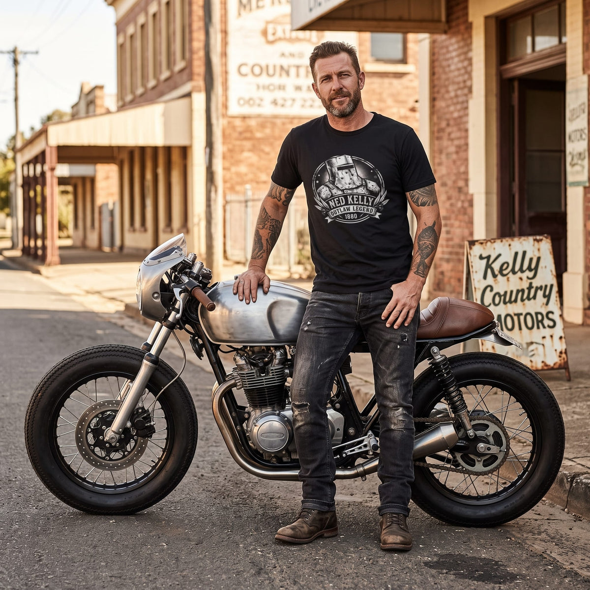 Man wearing vintage Ned Kelly iron helmet graphic t-shirt standing outdoors