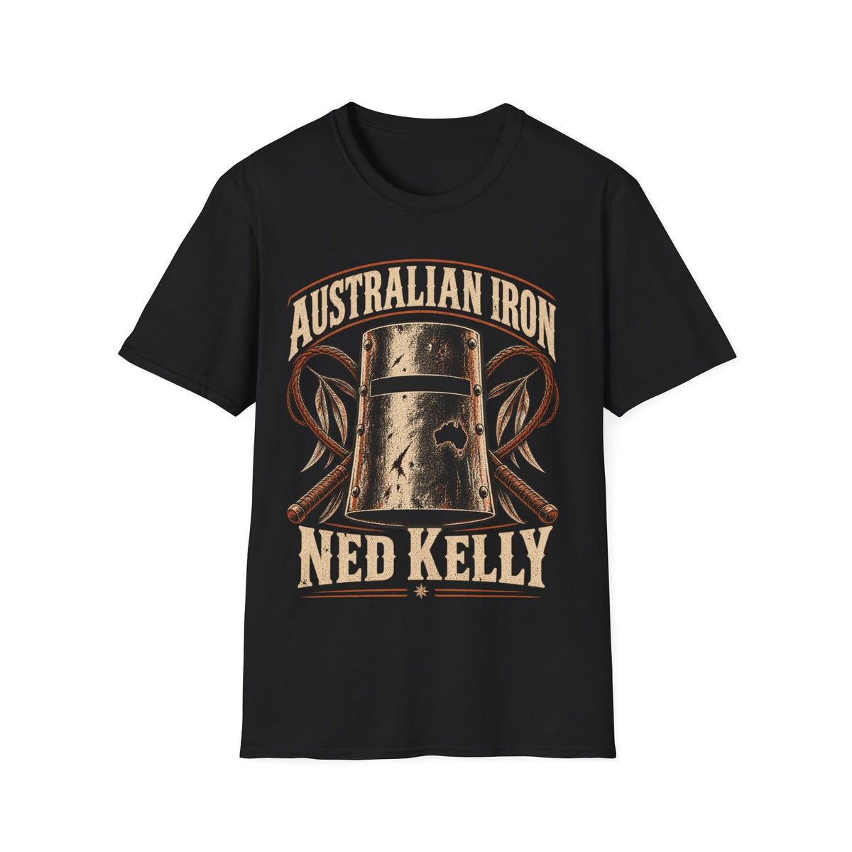 A black short-sleeve crewneck t-shirt featuring a vintage-style graphic of a metal beer mug with the text 'AUSTRALIAN IRON' above and 'NED KELLY' below, flanked by crossed tools.