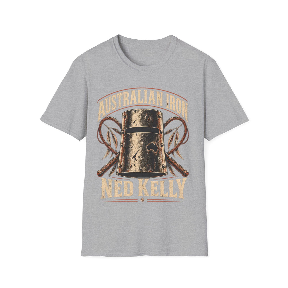 A light heather gray short-sleeve t-shirt with a vintage-style graphic on the front. The graphic features a distressed brown and beige illustration of a bell and ropes with the text 'AUSTRALIAN IRON' above and 'NED KELLY' below.
