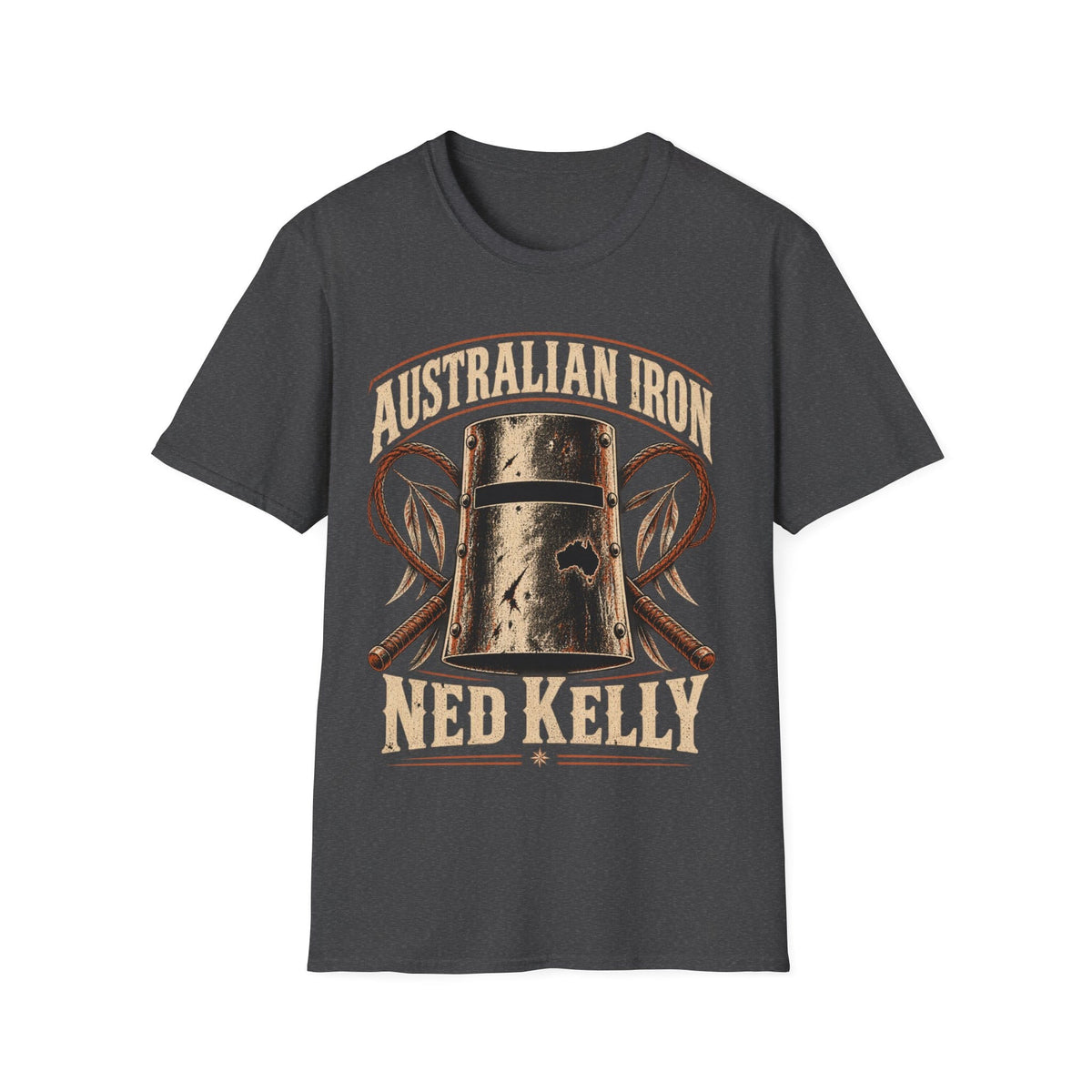 A dark gray crewneck t-shirt featuring a vintage-style graphic of a metal bell with the text 'AUSTRALIAN IRON' above and 'NED KELLY' below, flanked by crossed tools.