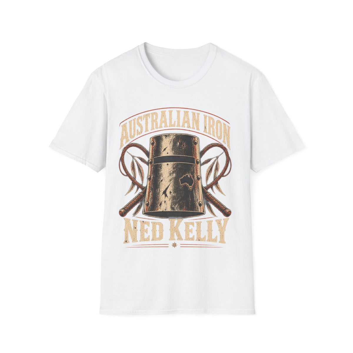 A white short-sleeve crewneck t-shirt featuring a vintage-style graphic of a bronze-colored iron bell with the text 'AUSTRALIAN IRON' above and 'NED KELLY' below, displayed on a clean white background.