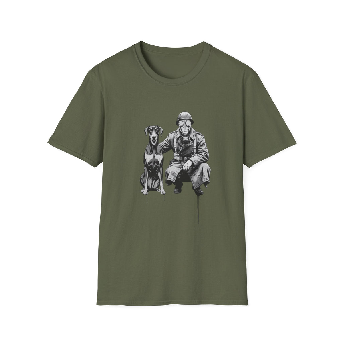 Olive green graphic t-shirt featuring Banksy-style stencil art of a Doberman beside a crouching soldier wearing a vintage gas mask.