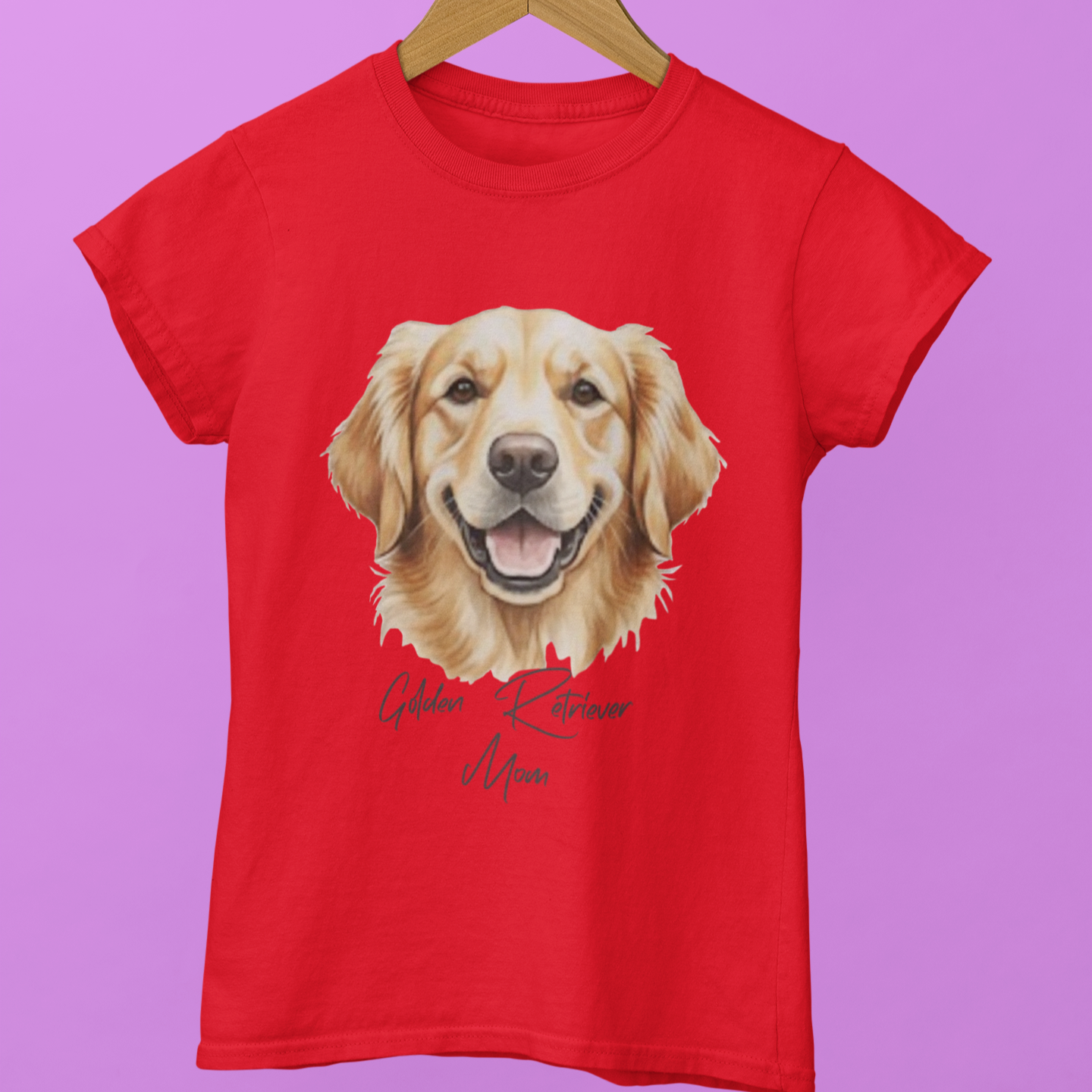 Red t-shirt with a dog graphic on a hanger against a purple background