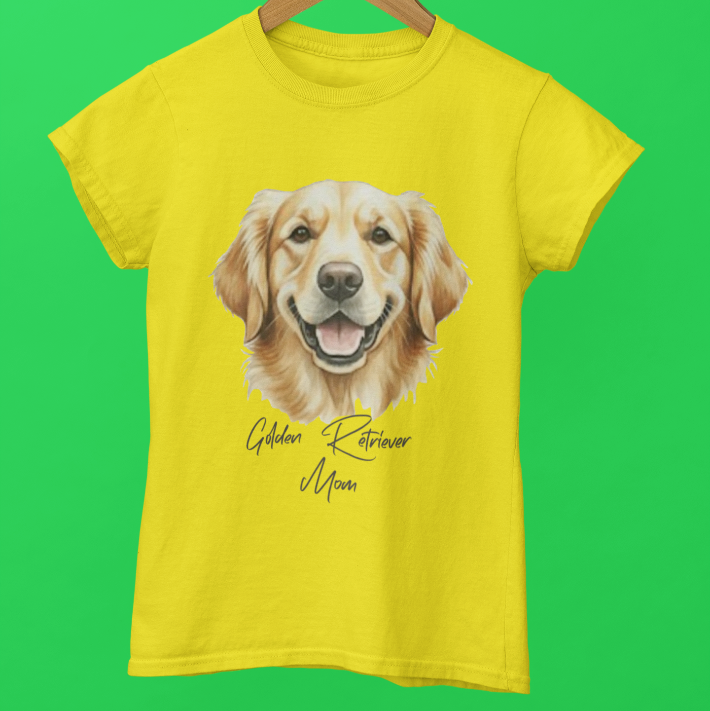 Yellow t-shirt with a Golden Retriever graphic and text on a green background