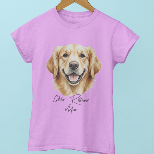 Pink t-shirt with a Golden Retriever graphic and 'Golden Retriever Mom' text on a light blue background.