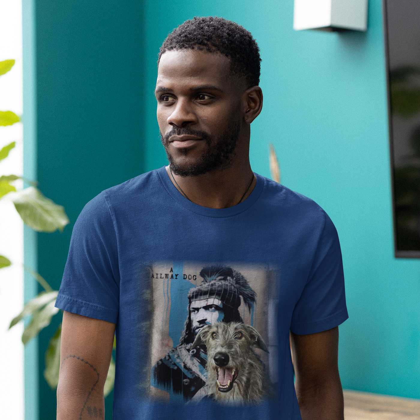 T-shirt featuring a graphic design of a Scottish Deerhound dog and William Wallace, a Scottish historical figure.