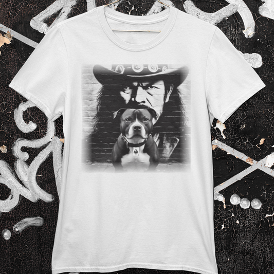 A Staffordshire Bull Terrier and Lemmy Kilmister, the iconic Motörhead singer, share a t-shirt design.