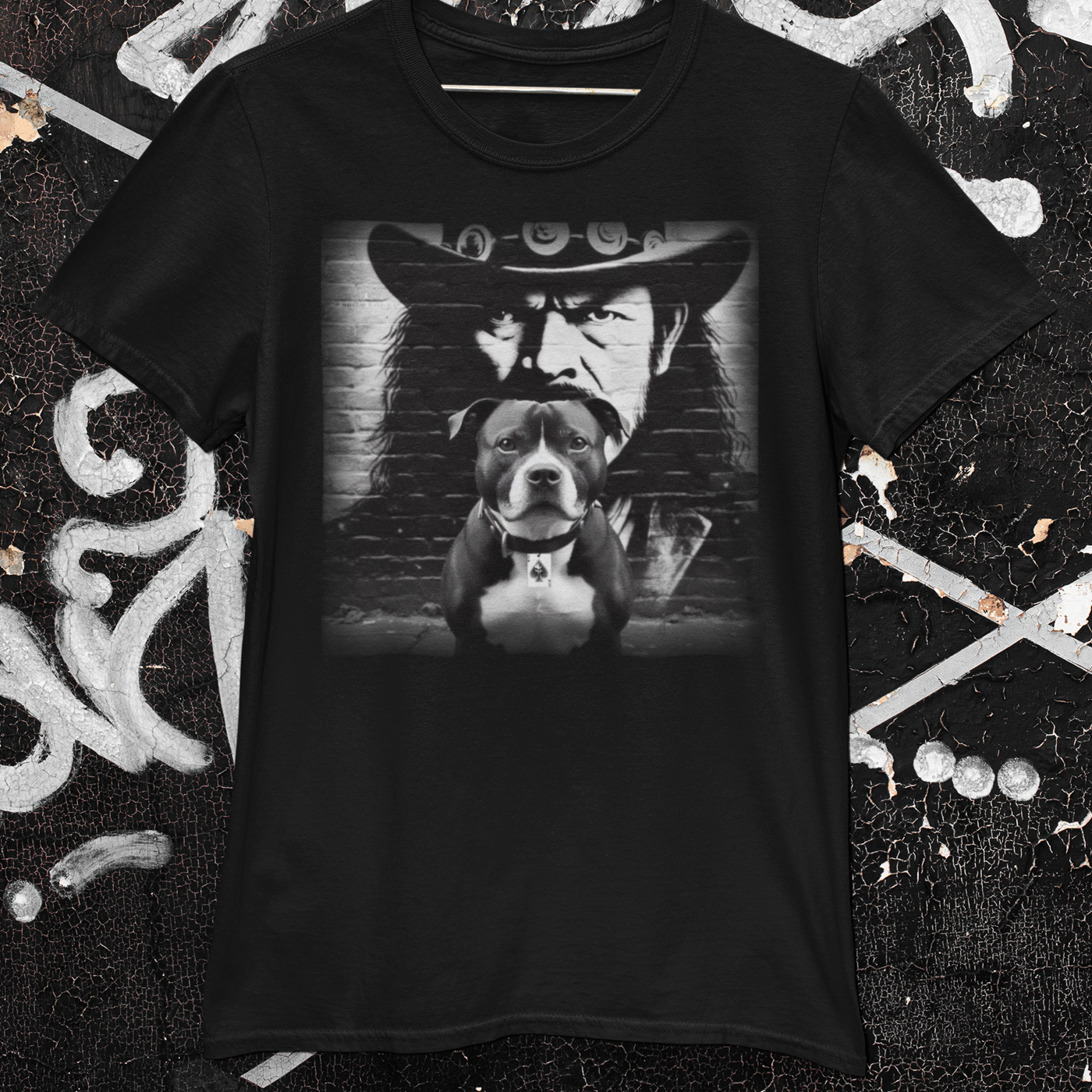 A Staffordshire Bull Terrier and Lemmy Kilmister, the iconic Motörhead singer, share a t-shirt design.