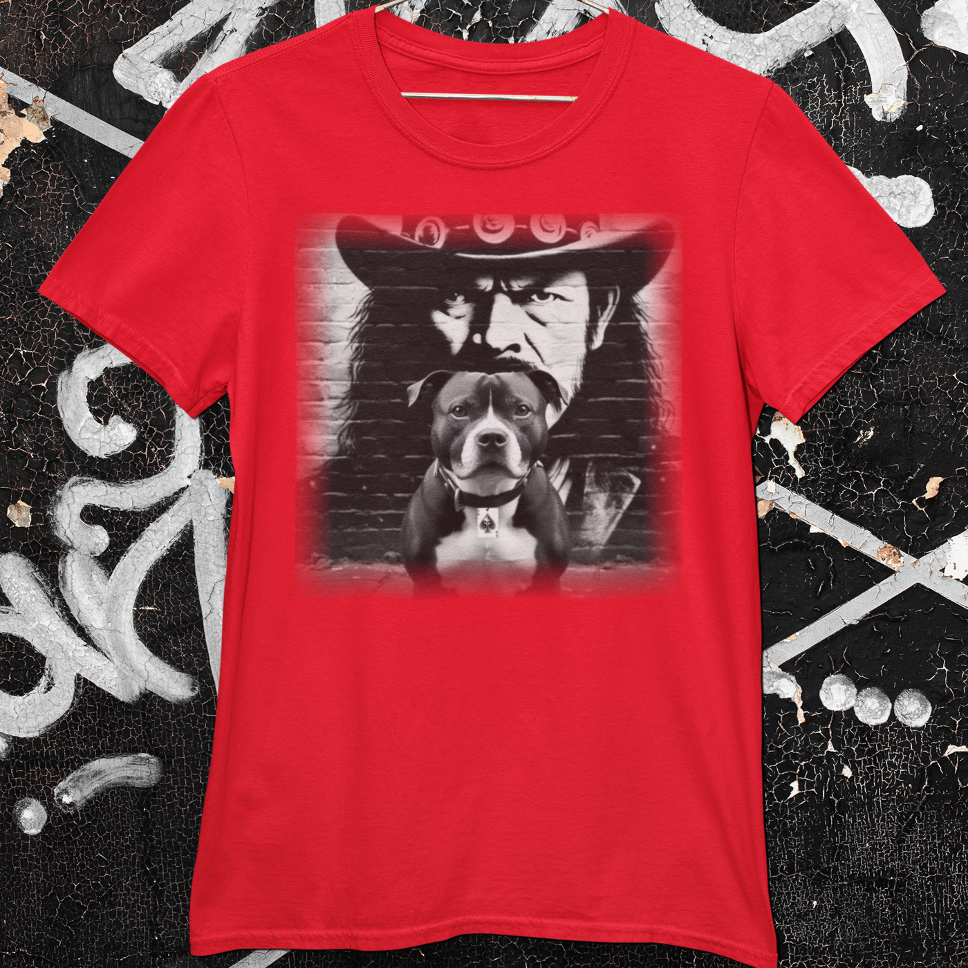 A Staffordshire Bull Terrier and Lemmy Kilmister, the iconic Motörhead singer, share a t-shirt design.