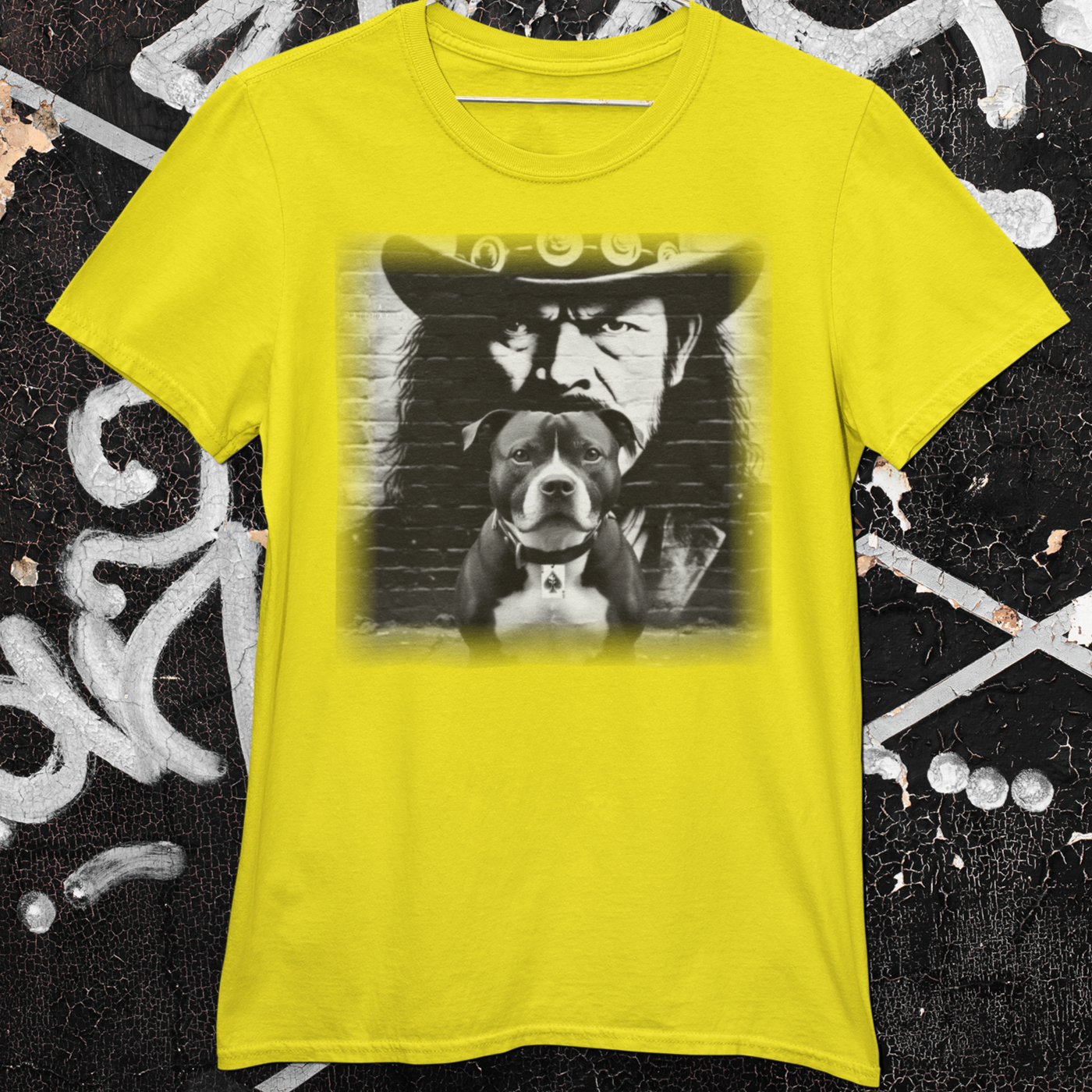 A Staffordshire Bull Terrier and Lemmy Kilmister, the iconic Motörhead singer, share a t-shirt design.