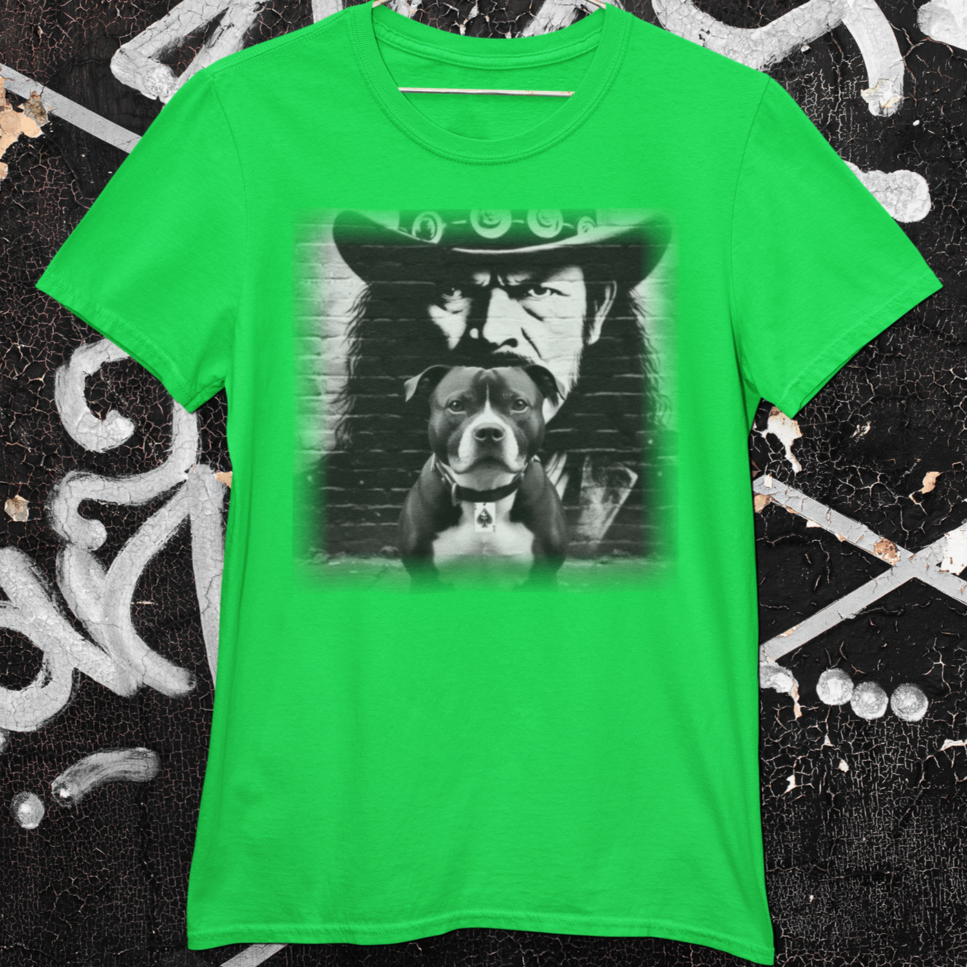 A Staffordshire Bull Terrier and Lemmy Kilmister, the iconic Motörhead singer, share a t-shirt design.