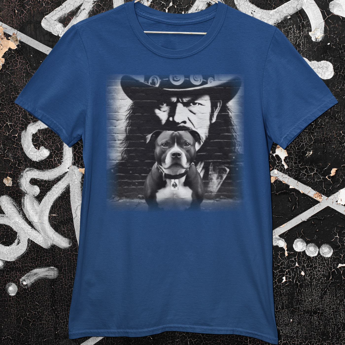 A Staffordshire Bull Terrier and Lemmy Kilmister, the iconic Motörhead singer, share a t-shirt design.