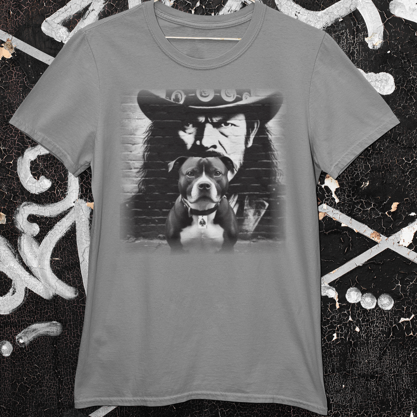 A Staffordshire Bull Terrier and Lemmy Kilmister, the iconic Motörhead singer, share a t-shirt design.