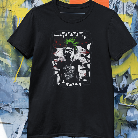  t-shirt featuring a bold graphic of a punk singer with spiked hair, holding a microphone and singing passionately.