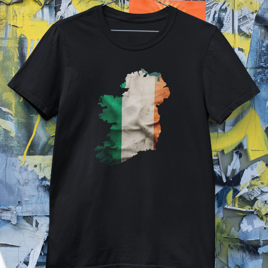 Green, white, and orange Irish flag graphic on a t-shirt.