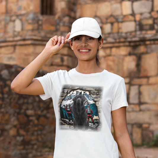 Woman wearing a white t-shirt with a Newfoundland t-shirt design, standing in front of a stone wall.