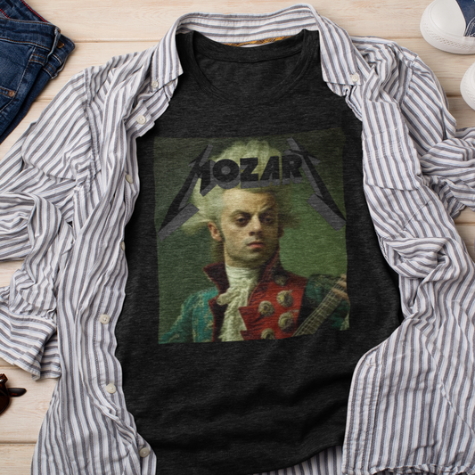 T-shirt featuring a portrait of Wolfgang Amadeus Mozart in a metal music style