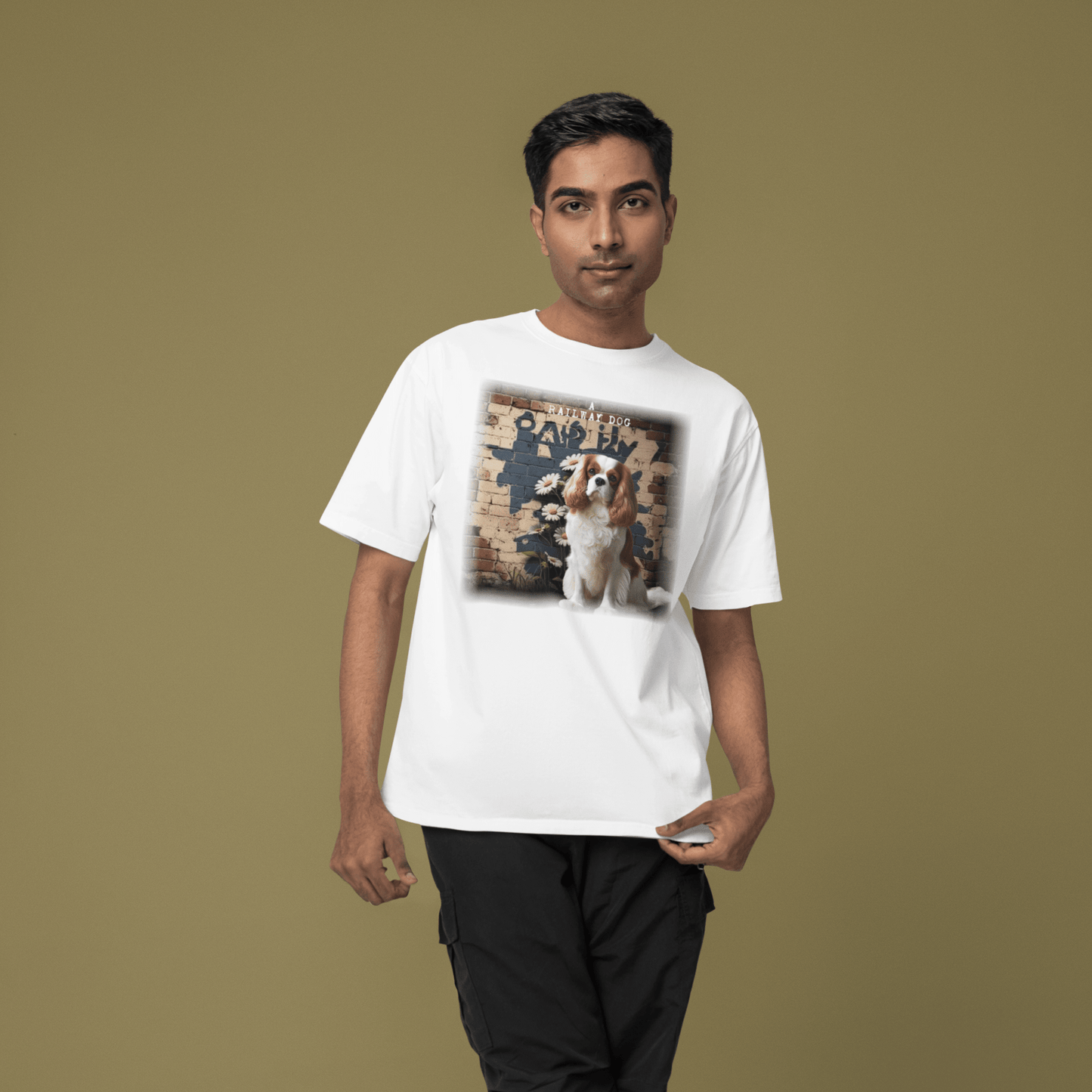 T-shirt with a graphic image of a Cavalier King Charles Spaniel dog