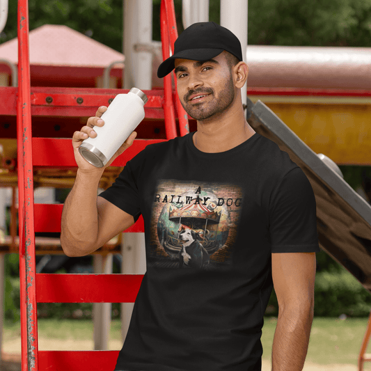 Man wearing a black t-shirt with a graphic design, holding a white cup outdoors.