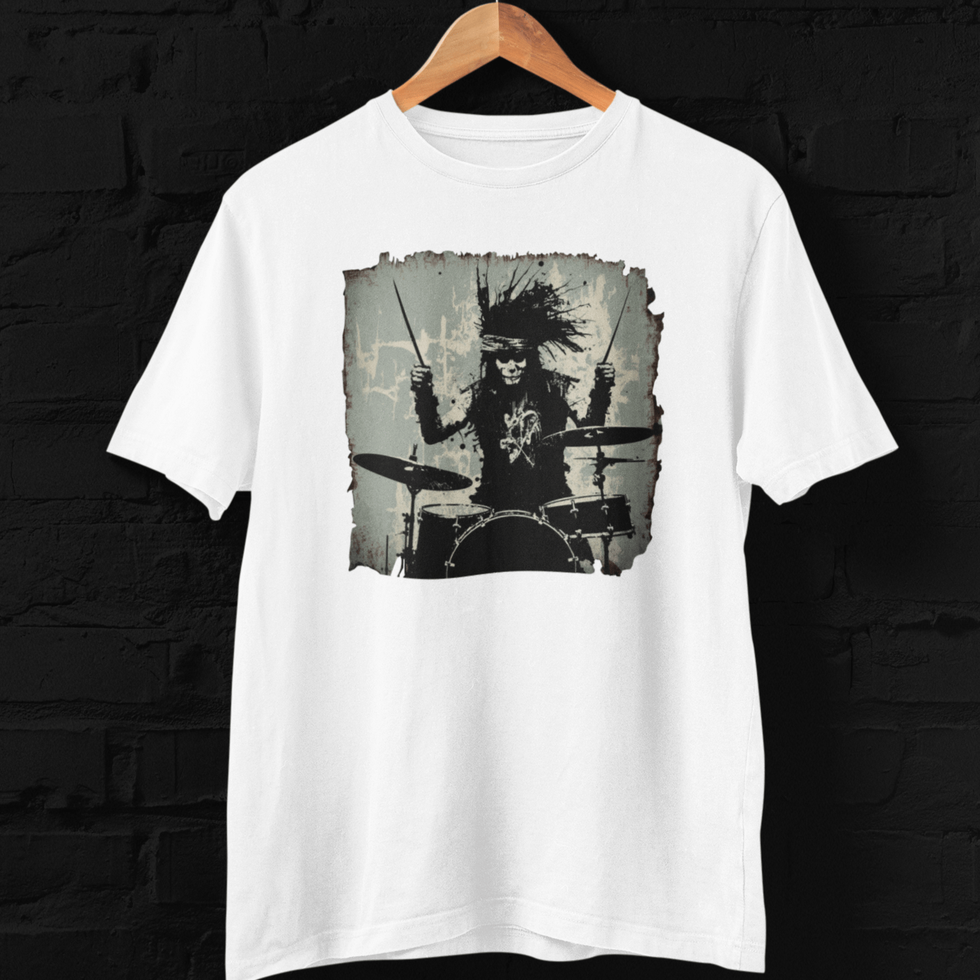 T-shirt featuring a punk rock drummer.