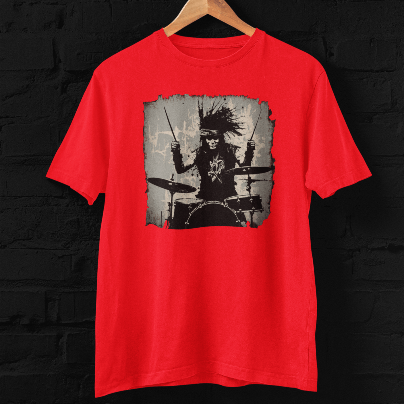 T-shirt featuring a punk rock drummer.