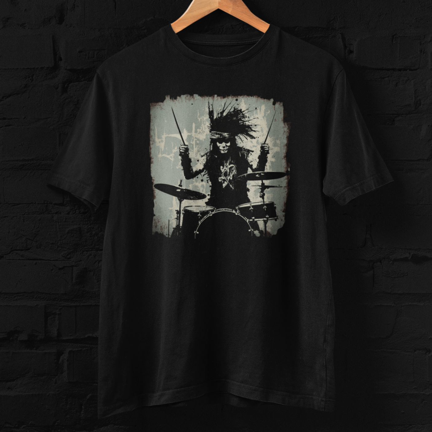 T-shirt featuring a punk rock drummer.