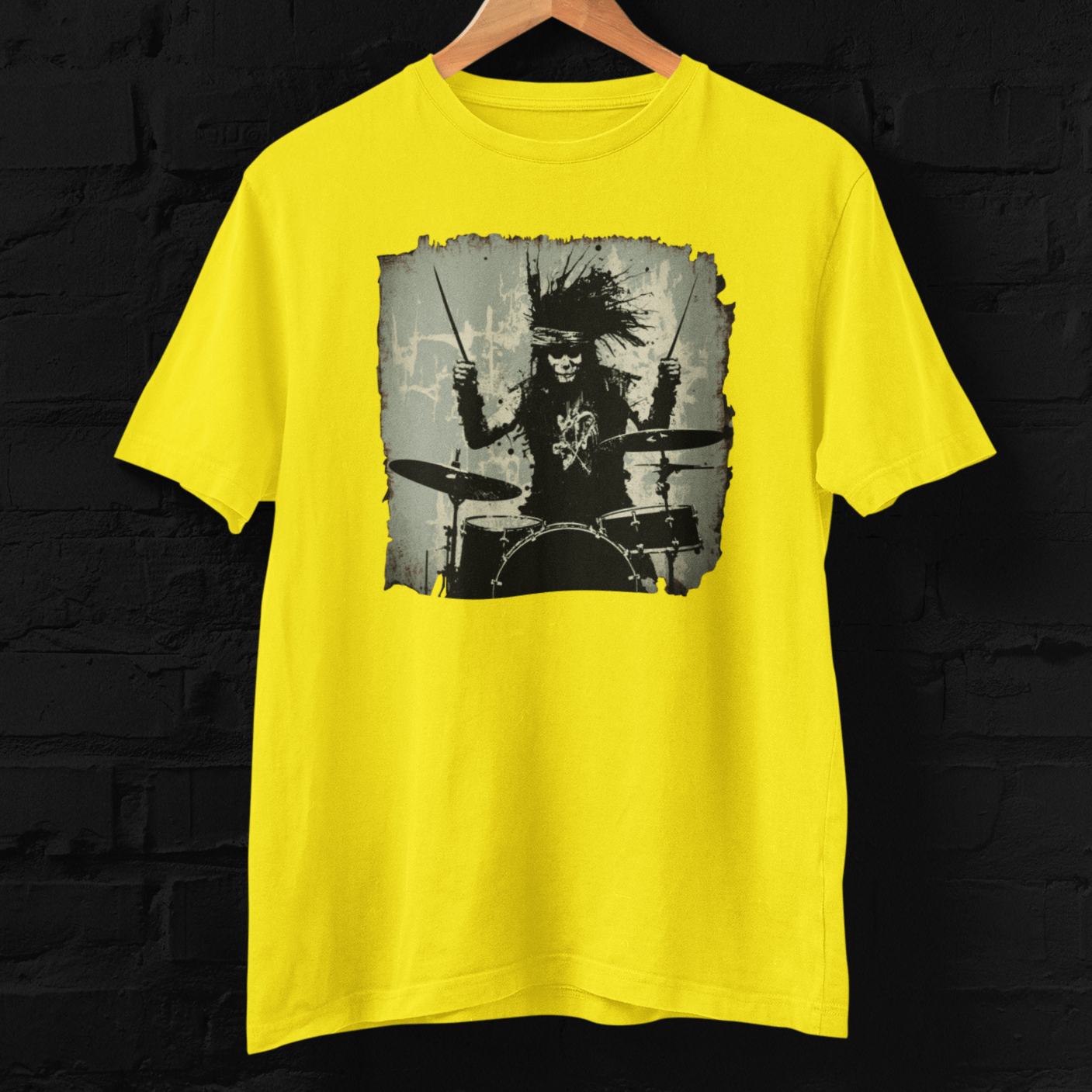 T-shirt featuring a punk rock drummer.