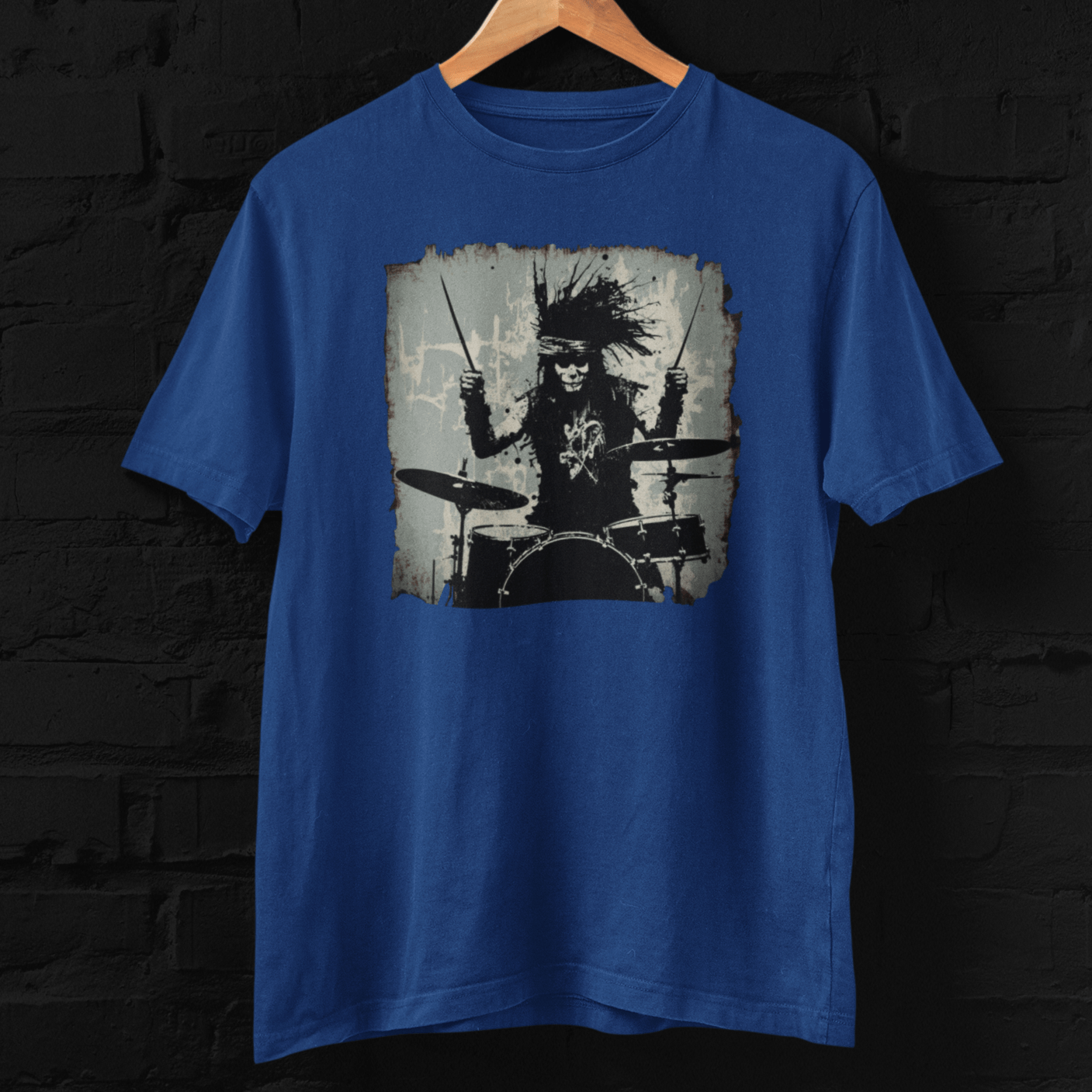 T-shirt featuring a punk rock drummer.