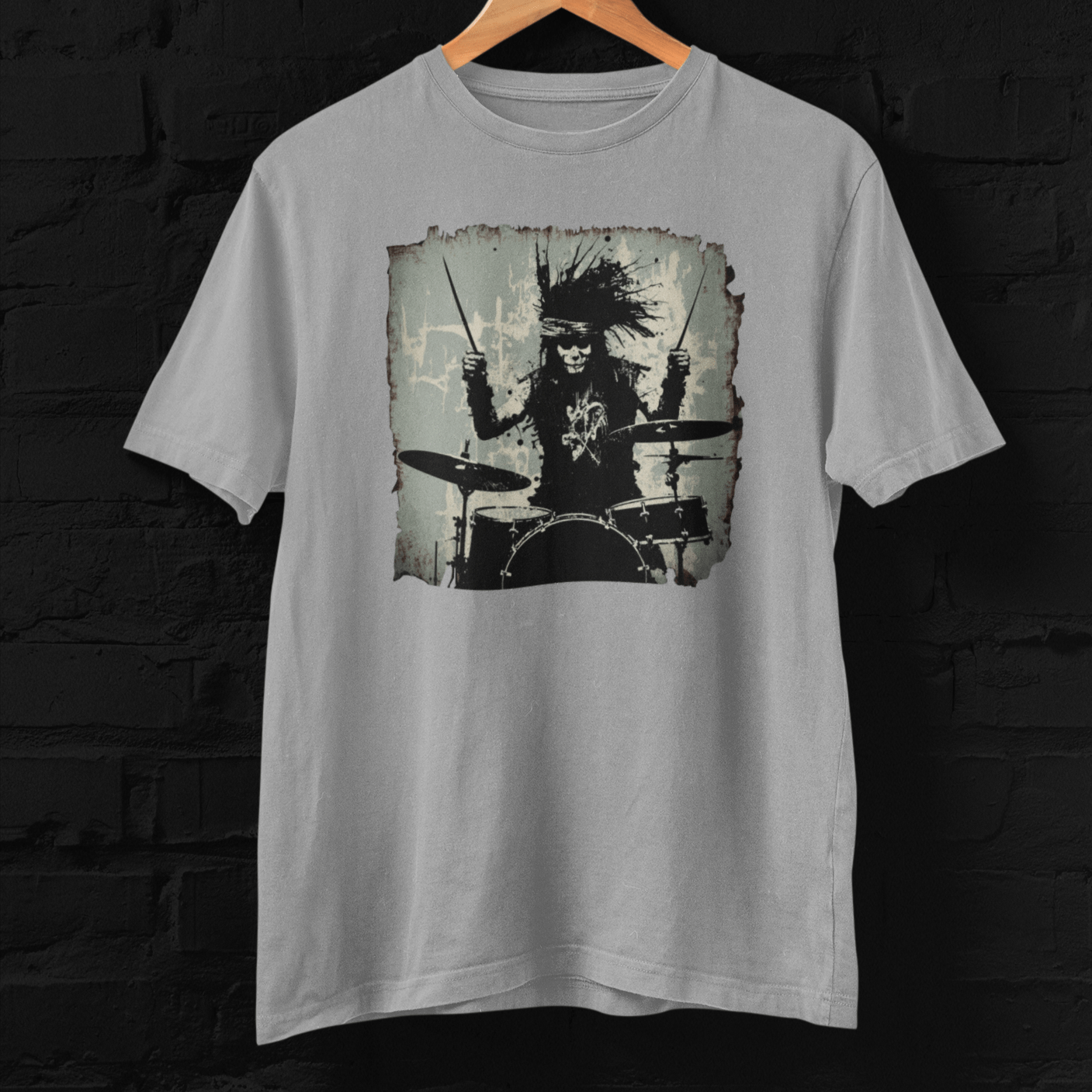 T-shirt featuring a punk rock drummer.