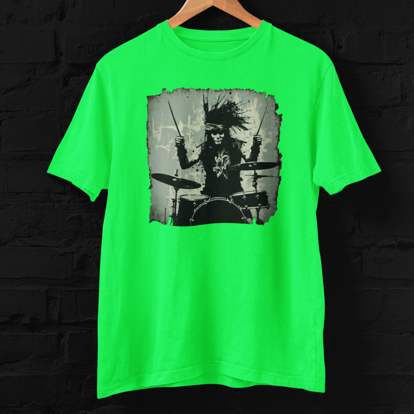 T-shirt featuring a punk rock drummer.