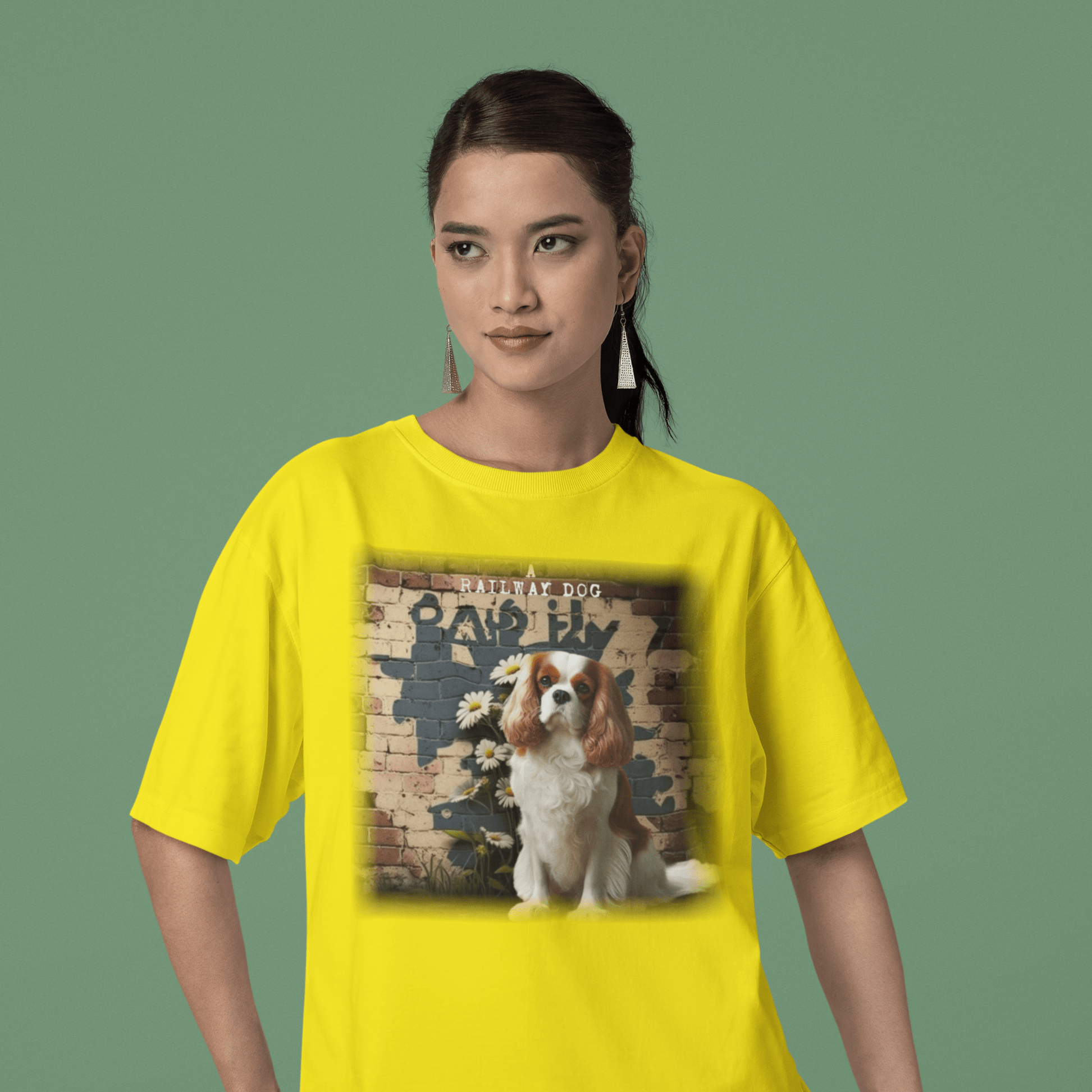 T-shirt with a graphic image of a Cavalier King Charles Spaniel dog