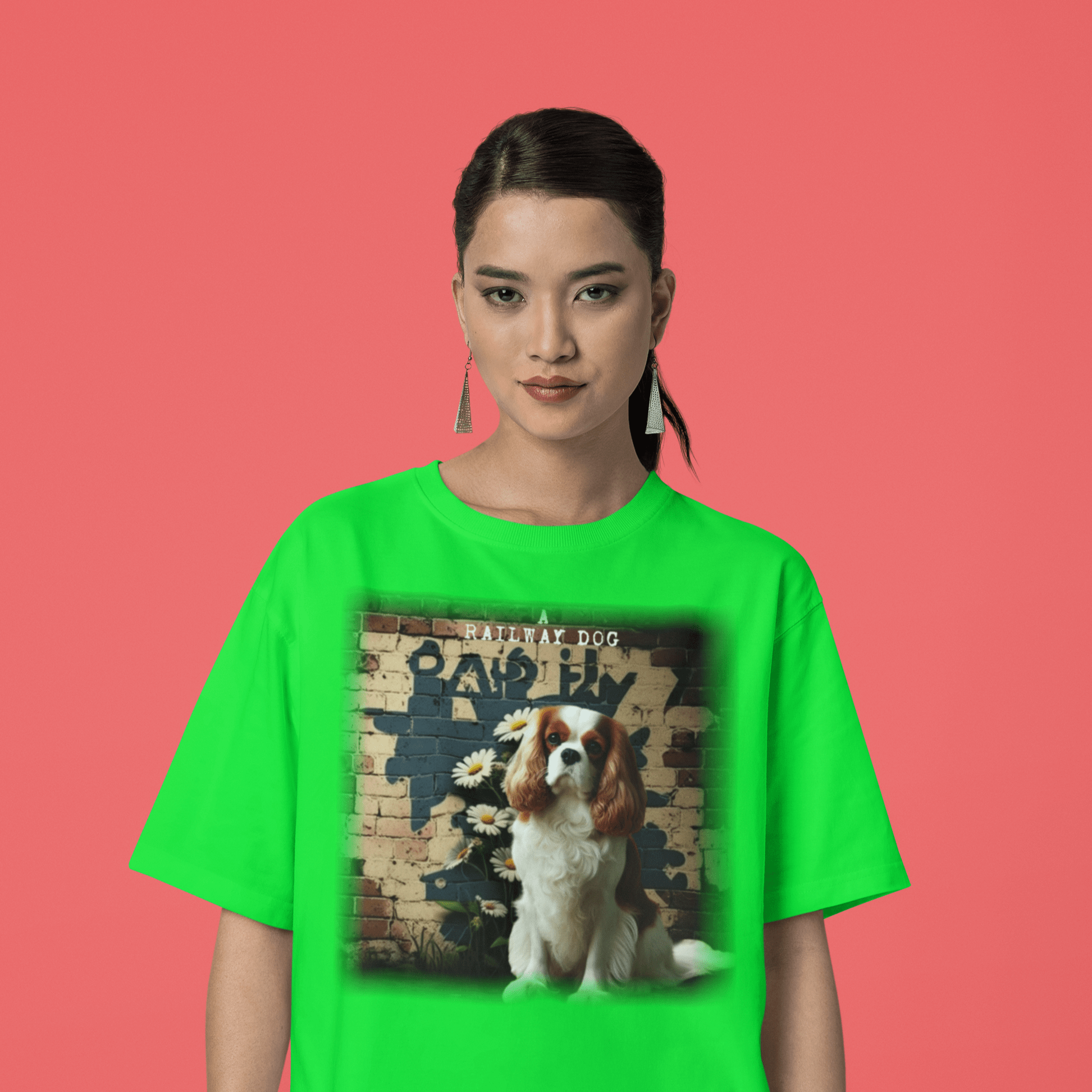 T-shirt with a graphic image of a Cavalier King Charles Spaniel dog