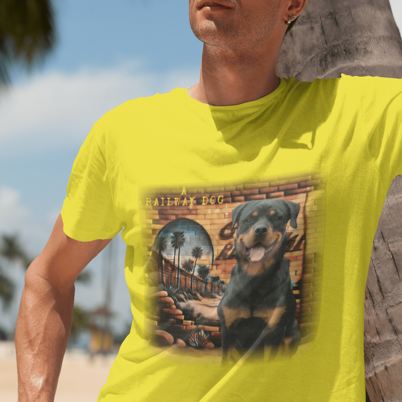 A t-shirt featuring a Rottweiler dog with a relaxed California vibe.