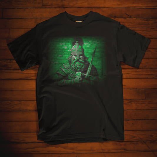 Graphic T-shirt depicting a Celtic warrior in traditional attire, wielding weapons and standing proudly against a dramatic backdrop.